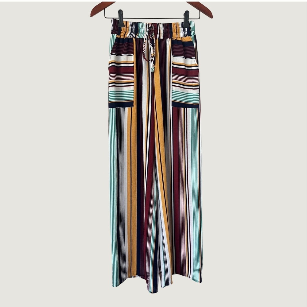 Fashion Nova Womens Multi Stripe Wide Leg Pants Elastic Waist Boho Medium